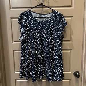 SHEIN Blue and White Ruffled Cap Sleeve Blouse